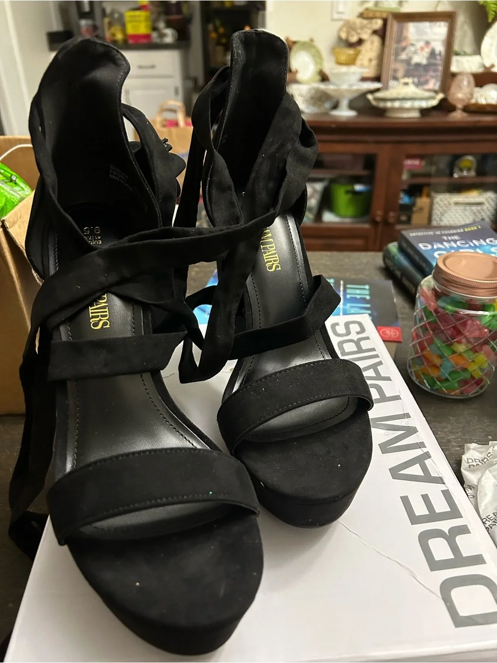 NIB/NWT Dream Pairs Suede Black Platform Block Heel Sandal with Sexy Ankle Tie
